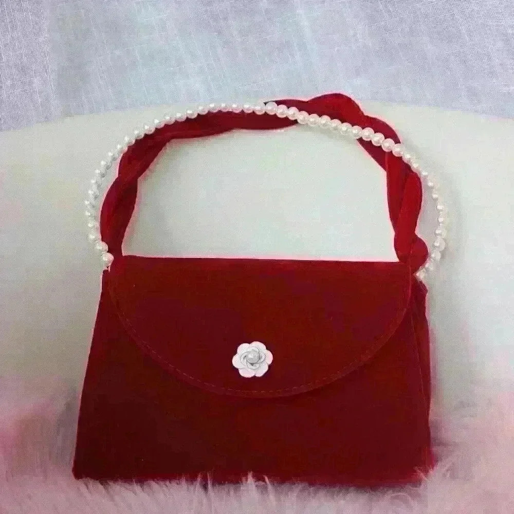 Burgundy Velvet Faux Pearl Handle Handbag